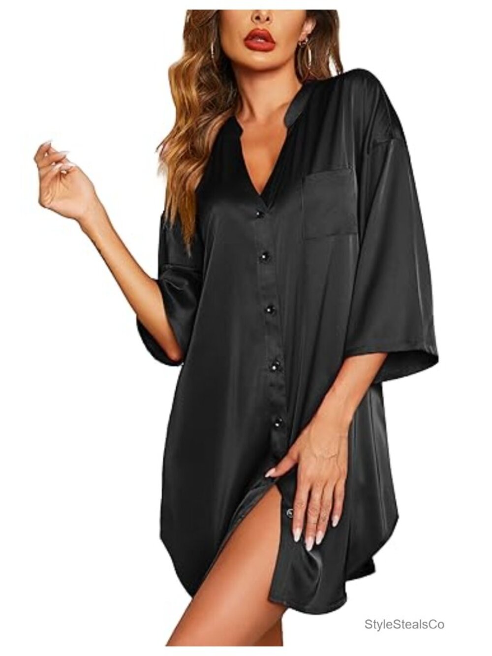 Satin Nightgown Button Down Sleepshirt 3/4 Sleeve V-Neck with Pockets